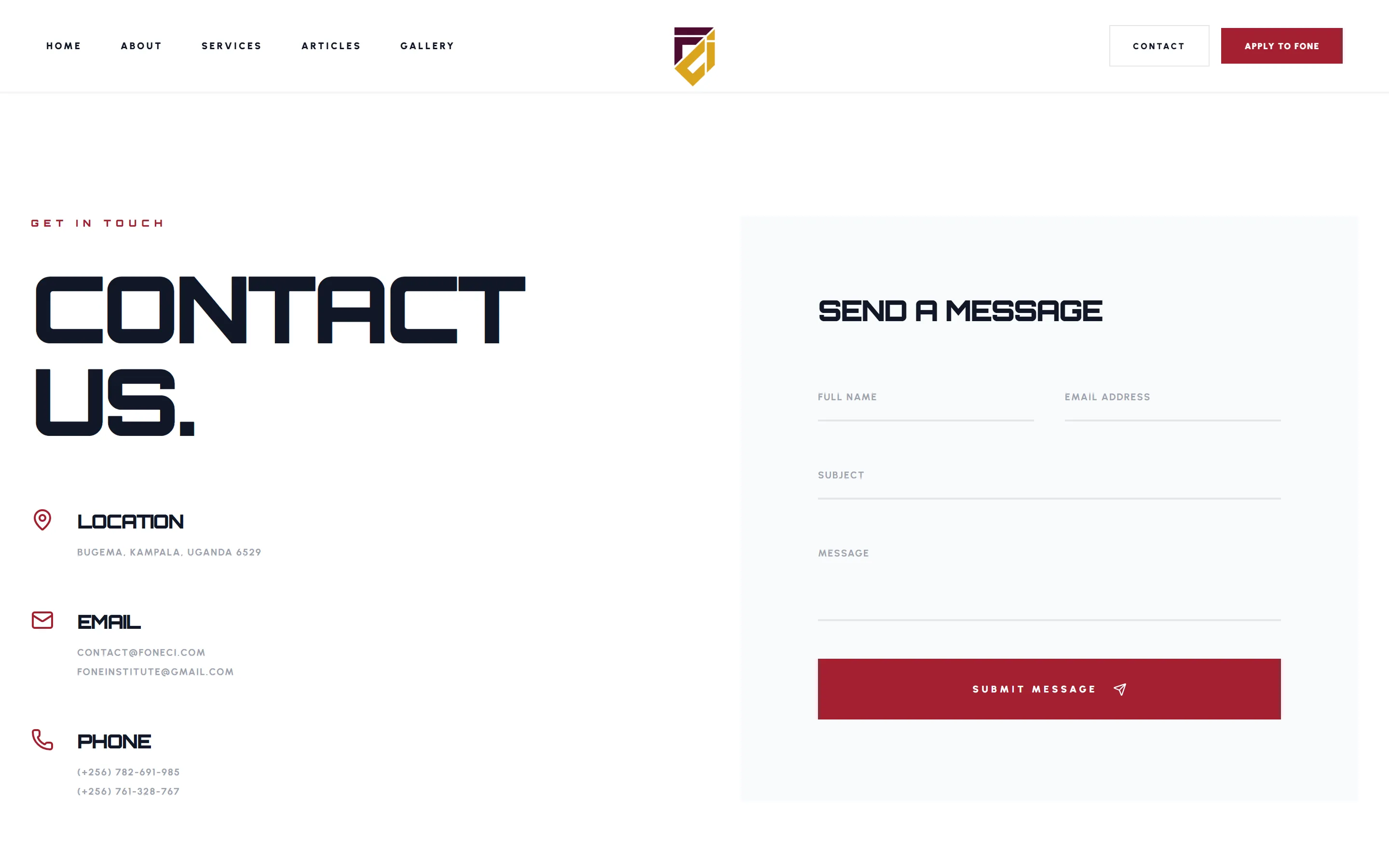 Contact: location, email, phone and a message form.