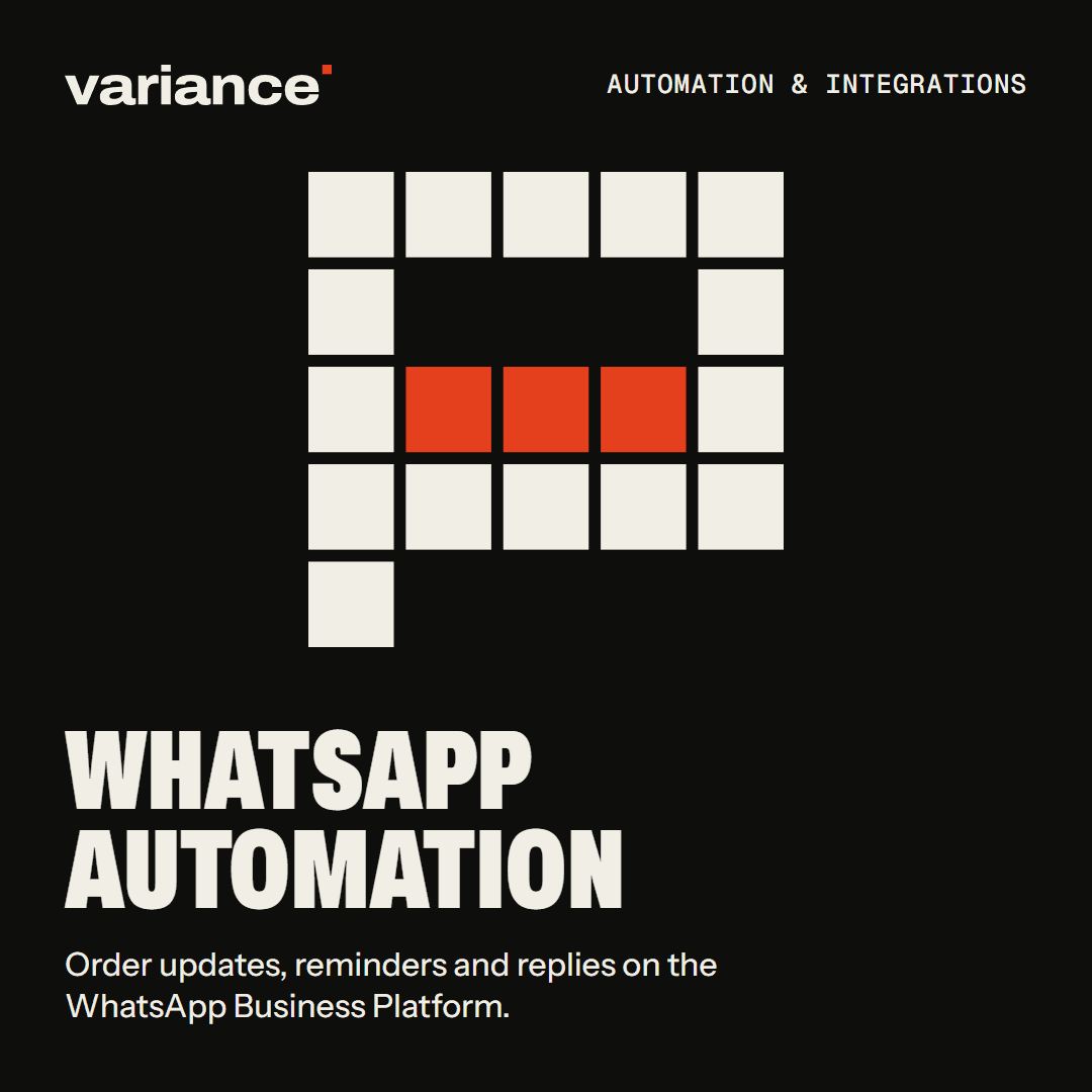 The WhatsApp automation card from the Variance catalogue