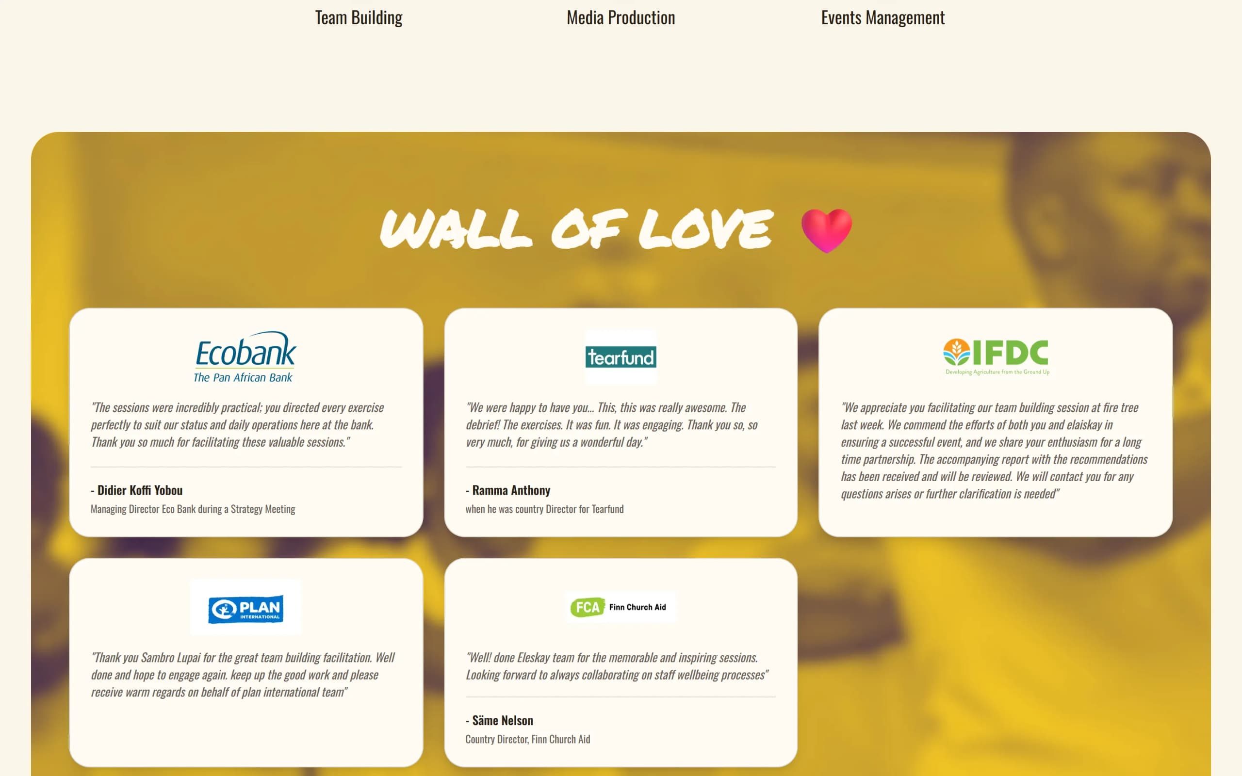 A wall of love: words from organisations Eleskay has worked with.