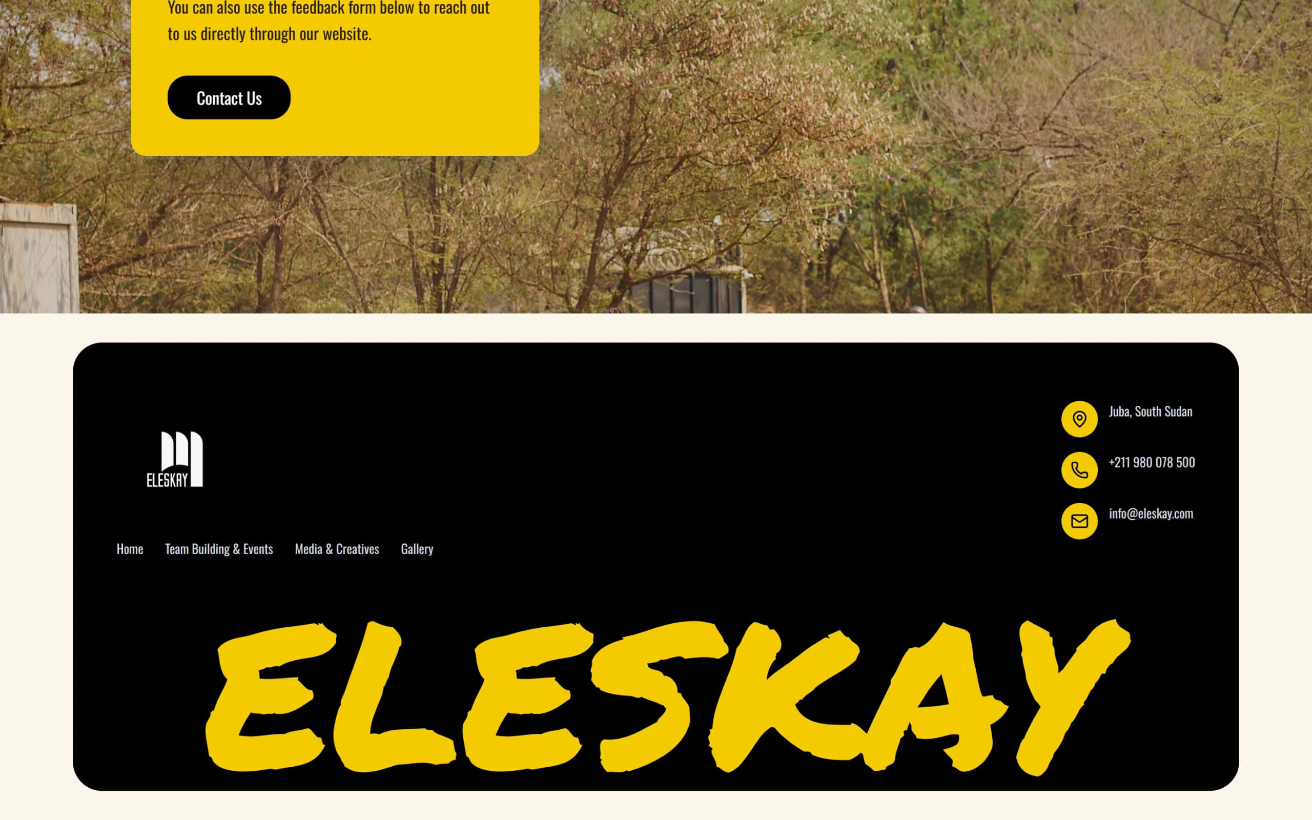 The footer: contacts, and the name set large.