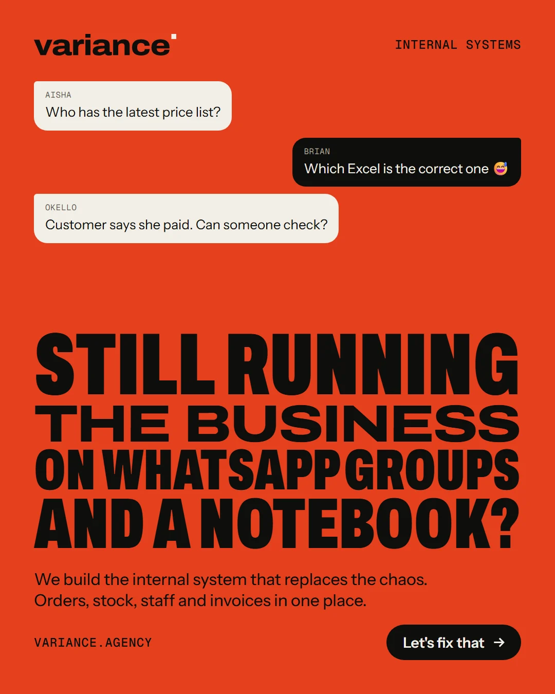 A Variance ad asking “Still running the business on WhatsApp groups and a notebook?” above a group chat where staff ask who has the latest price list and whether a customer has paid.