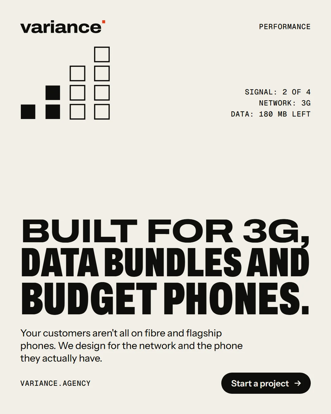 A Variance ad reading “Built for 3G, data bundles and budget phones”, with a weak two-bar signal icon and a note: signal 2 of 4, network 3G, data 180 MB left.