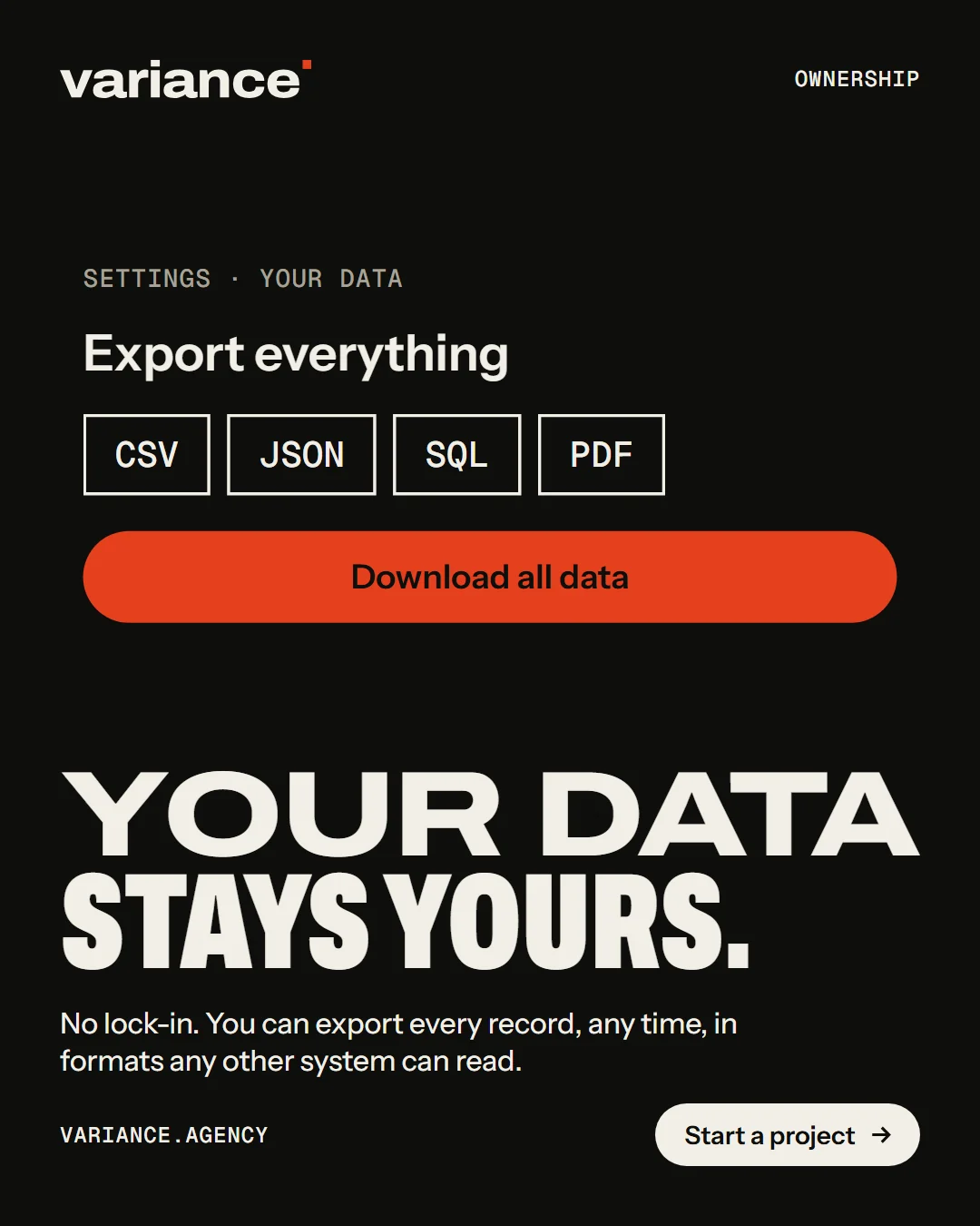 A Variance ad reading “Your data stays yours”, above a settings screen offering to export everything as CSV, JSON, SQL or PDF.