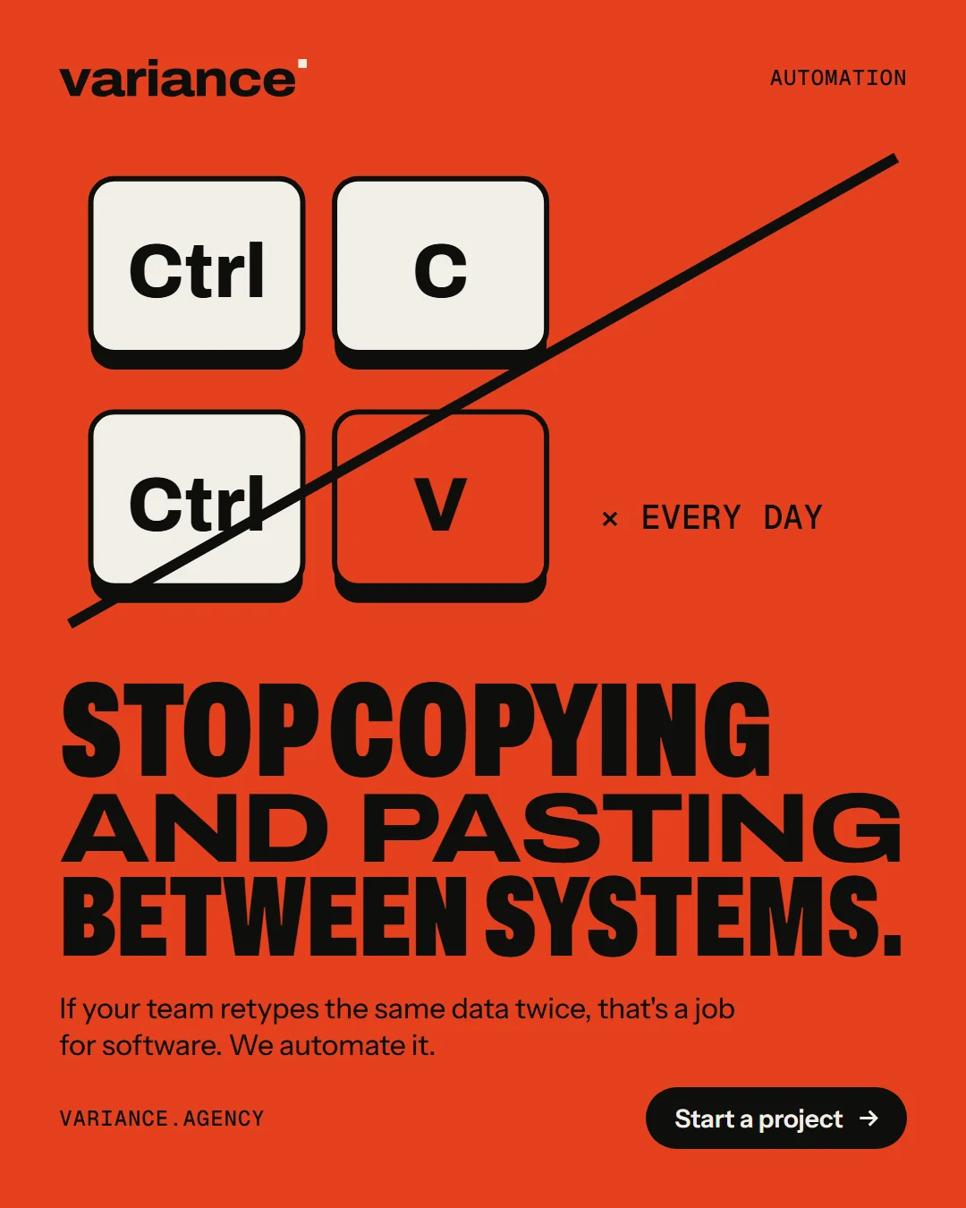 A Variance ad reading “Stop copying and pasting between systems”, with Ctrl C and Ctrl V keys crossed out and the words “every day”.