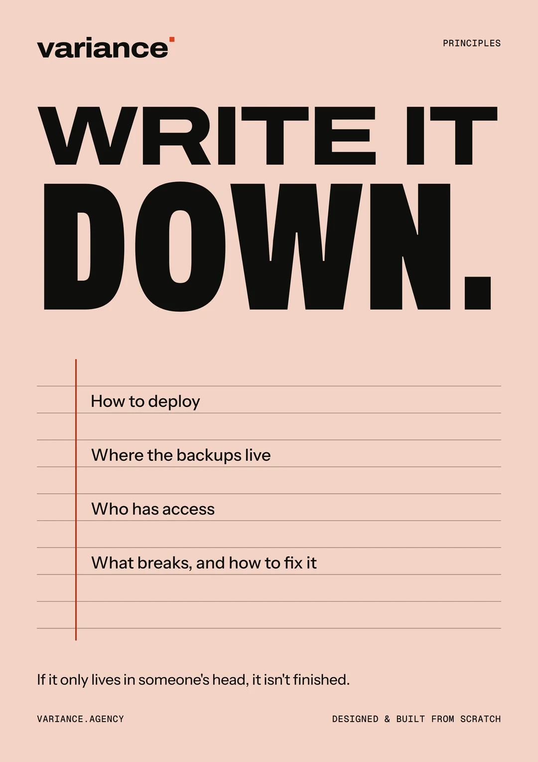 A Variance principles poster reading “Write it down.” above ruled lines listing how to deploy, where the backups live, who has access, and what breaks and how to fix it.